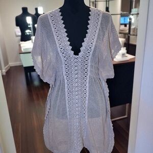 Women's Crochet V-Neck Swim Cover-Up Tunic - Light Beige